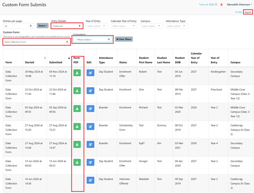 Reports - Custom Form selected options