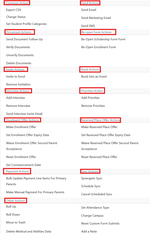 Bulk Action options Dec 2024