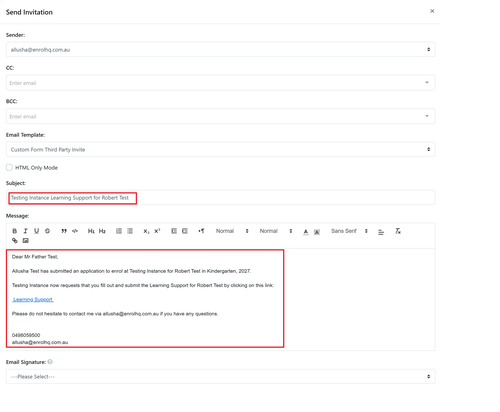 Custom Form 3rd send invitation email preview