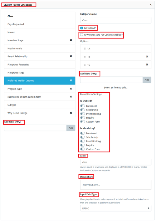 Settings - Student Profile Categories 2024