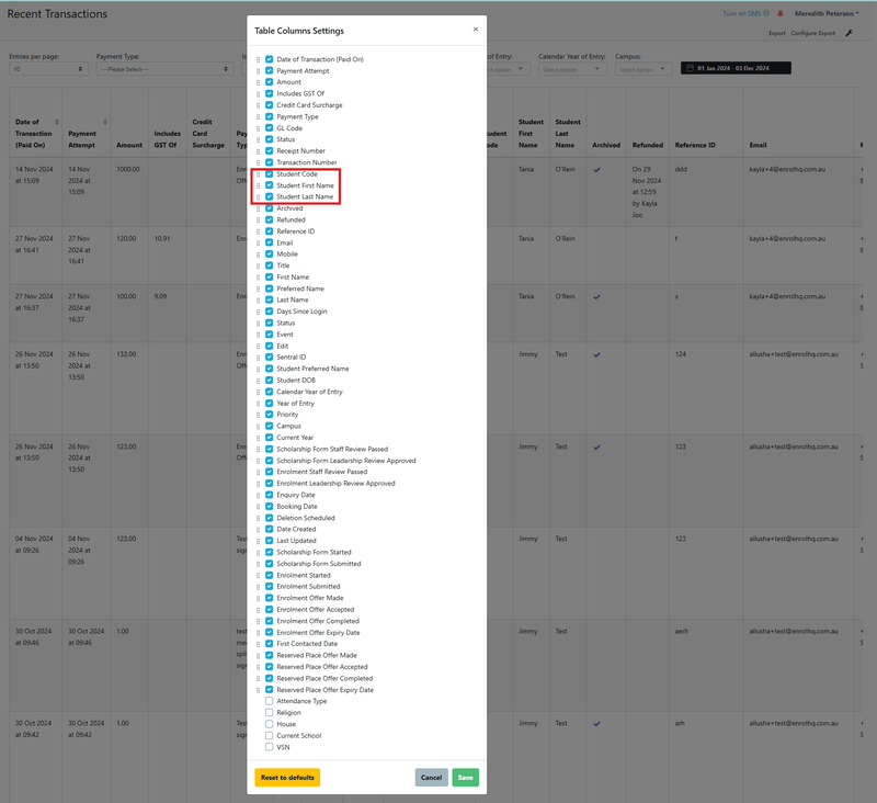 How to re-sort your columns in Transaction Report - selected to resorted